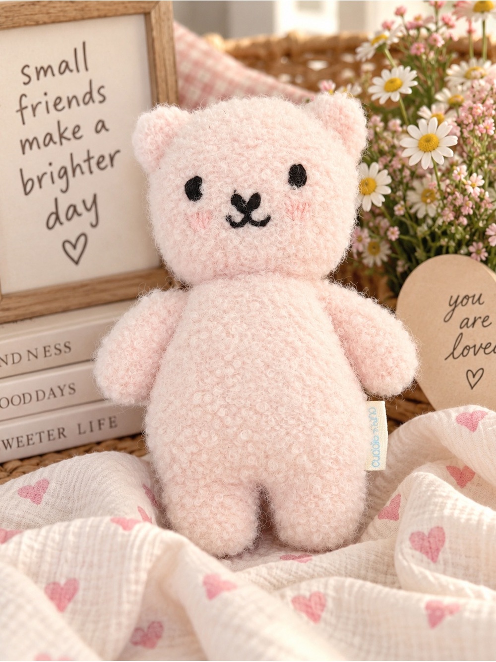 Cuddle Kind Hand Knit 7” Baby Boucle Bear Strawberry Pink Plush Stuffed Toy
